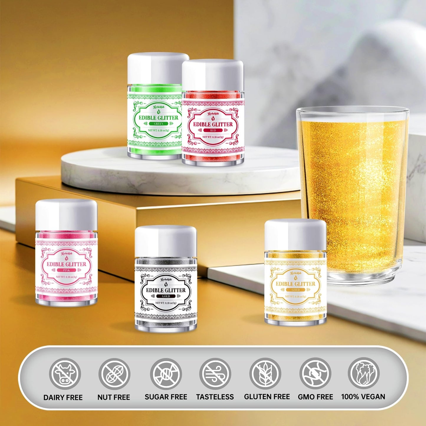 Edible Glitter For Cocktails - 5 Colors Luster Dust Edible Drink Glitter Food Grade Metallic Shimmer Powder For Beverage Chocola