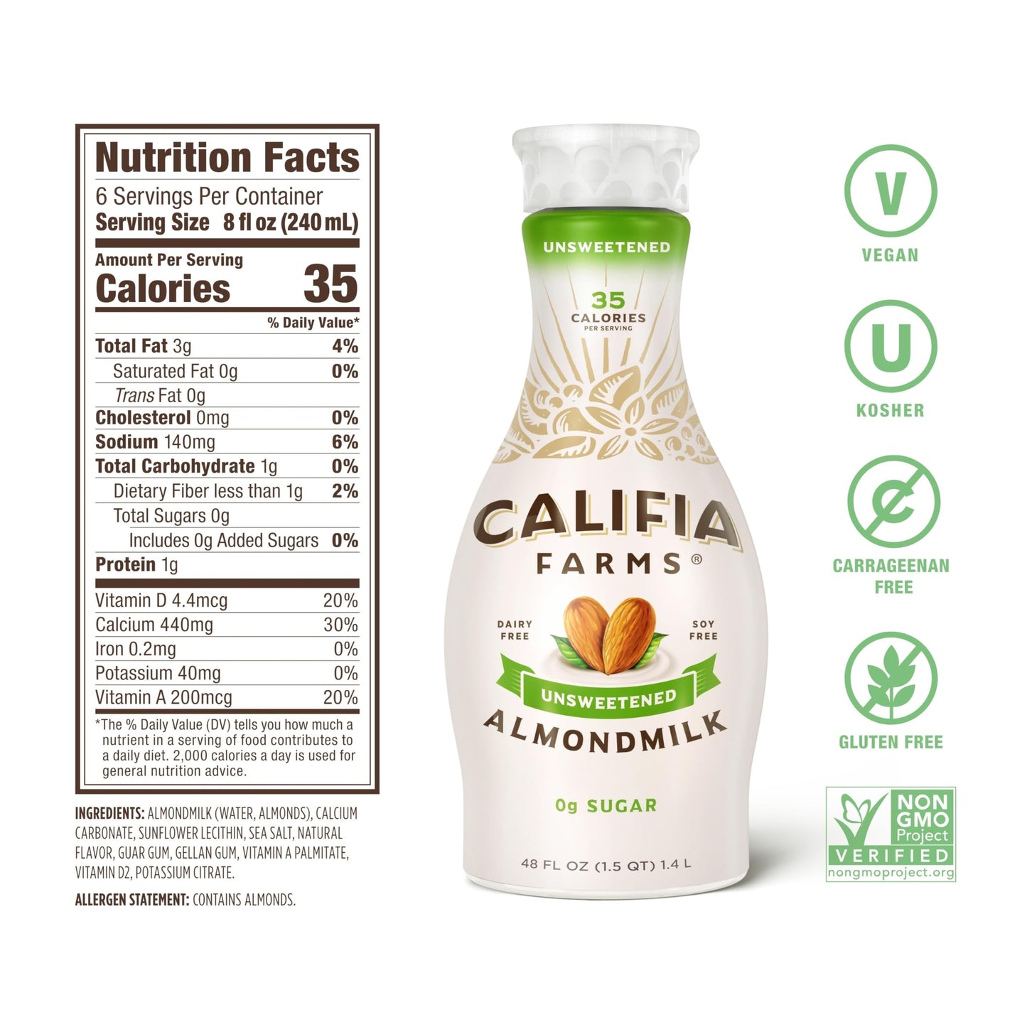 Califia Farms - Unsweetened Almond Milk, 48 Oz, Dairy Free, Vegan, Plant Based, Keto, Vegan, Gluten Free, Non GMO, Sugar Free, H