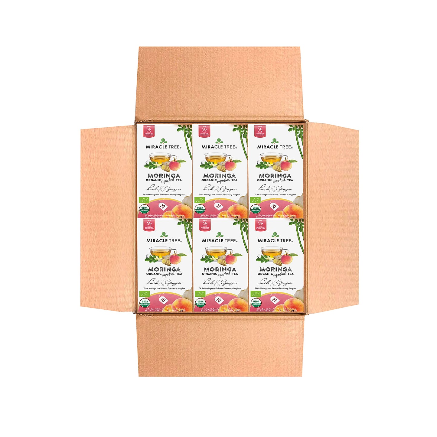 Miracle Tree Organic Moringa Superfood Tea - 6 Pack of 25 Sealed Tea Bags, Peach & Ginger, Vegan, Gluten-Free, Caffeine-Free