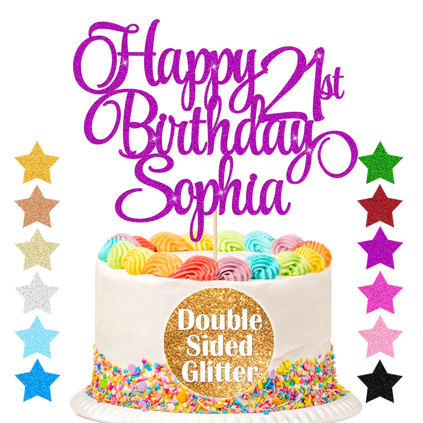 EDSG Personalized Cake Topper, Double-Sided Glitter, 7x4 inches, Purple