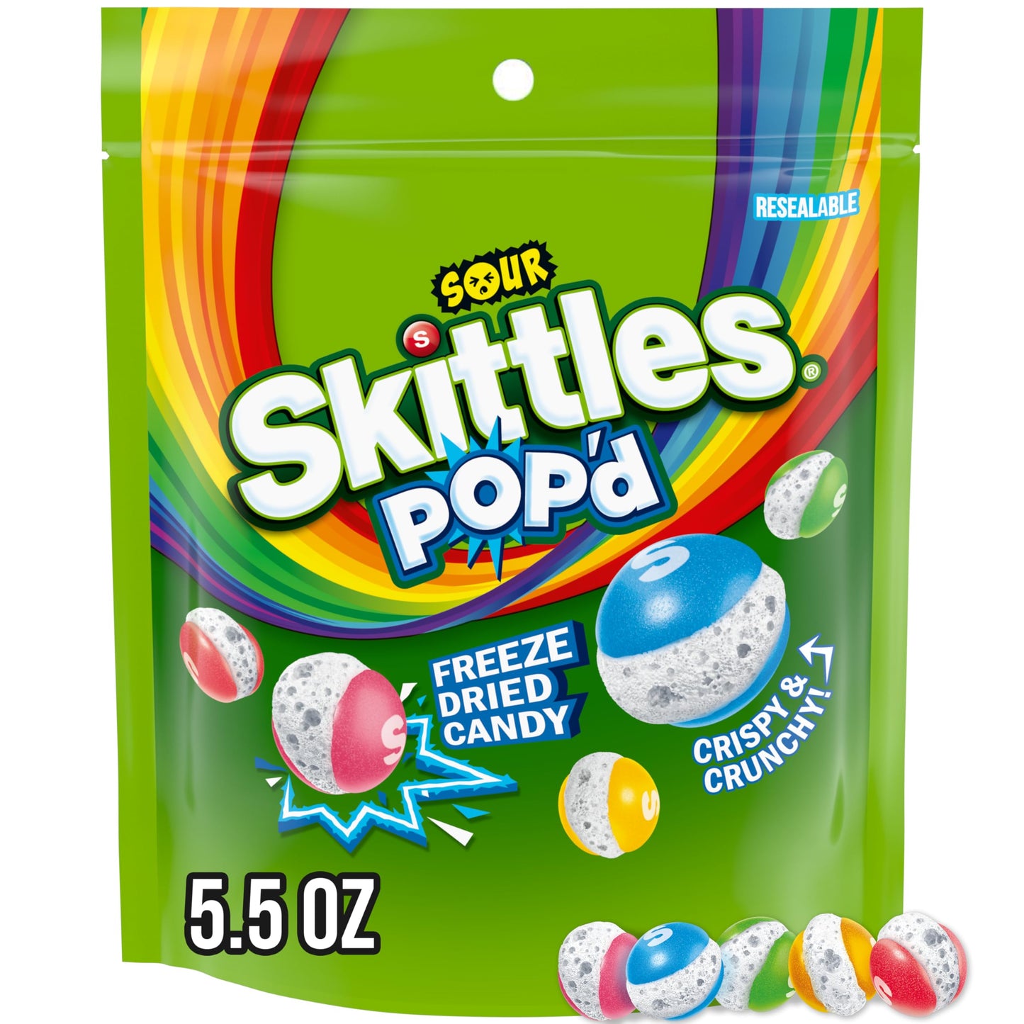 Skittles POPd Sour Freeze Dried Candy, 5.5 Oz Resealable Bag, Fruity Flavor