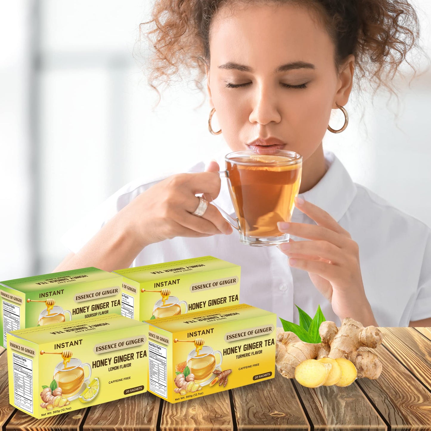 Elephant Park Ginger Tea - Natural Soursop Graviola Honey Instant Tea Bags - 20 Packets - Caffeine Free