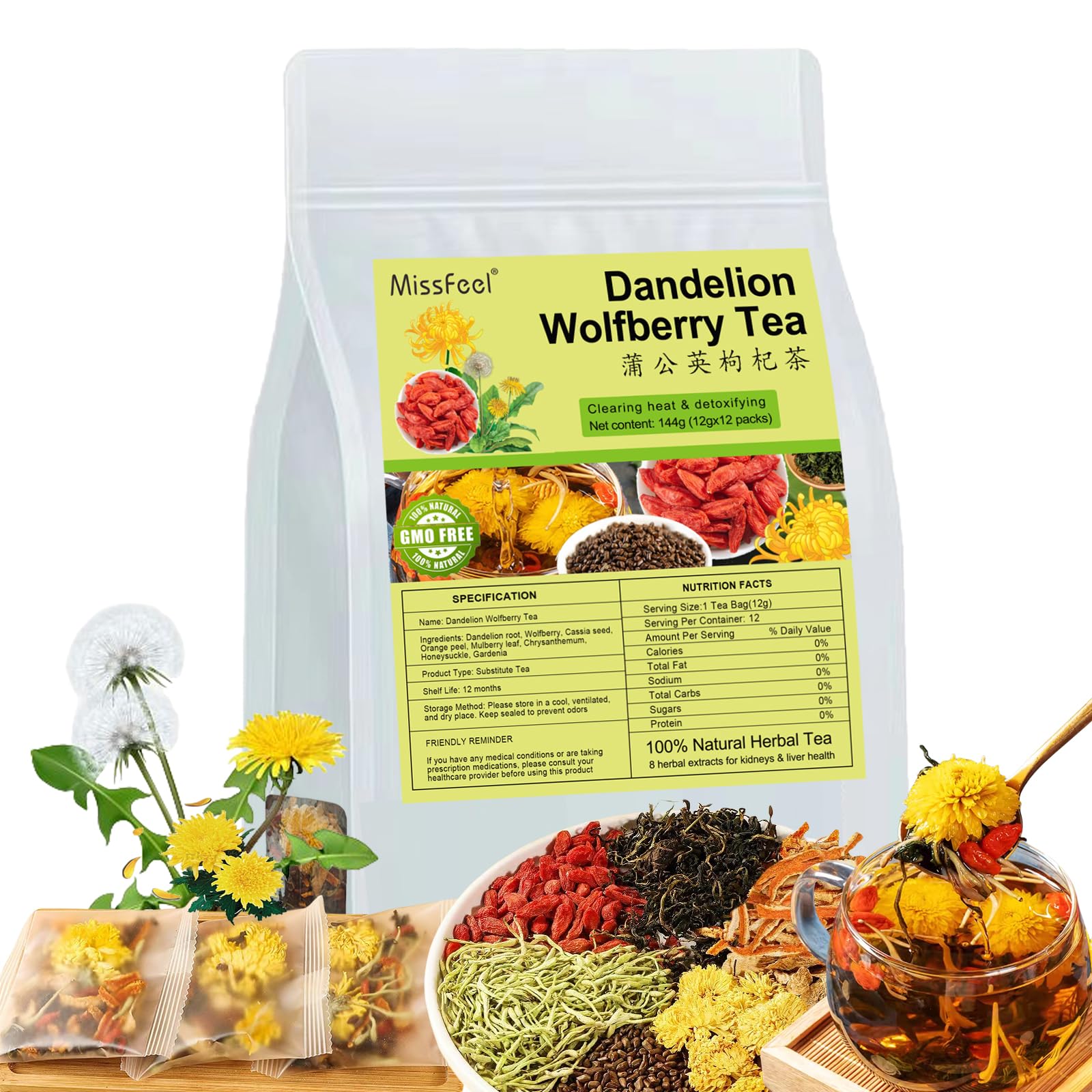 Dandelion Wolfberry Tea, 12 Pcs Natural Kidney & Liver Detox Tea, 8 Chinese Herbal Ingredients Blend, Dandelion Wolfberry Organi