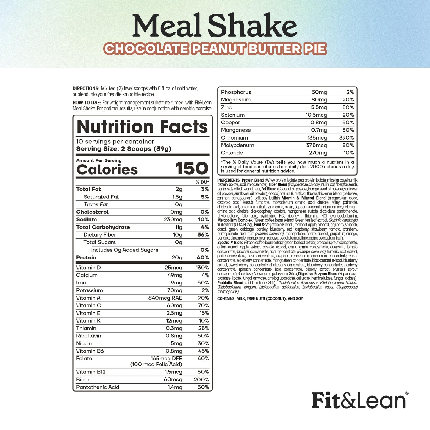 Fit & Lean Meal Shake Meal Replacement with Protein, Fiber, Probiotics and Organic Fruits & Vegetables, Chocolate Peanut Butter