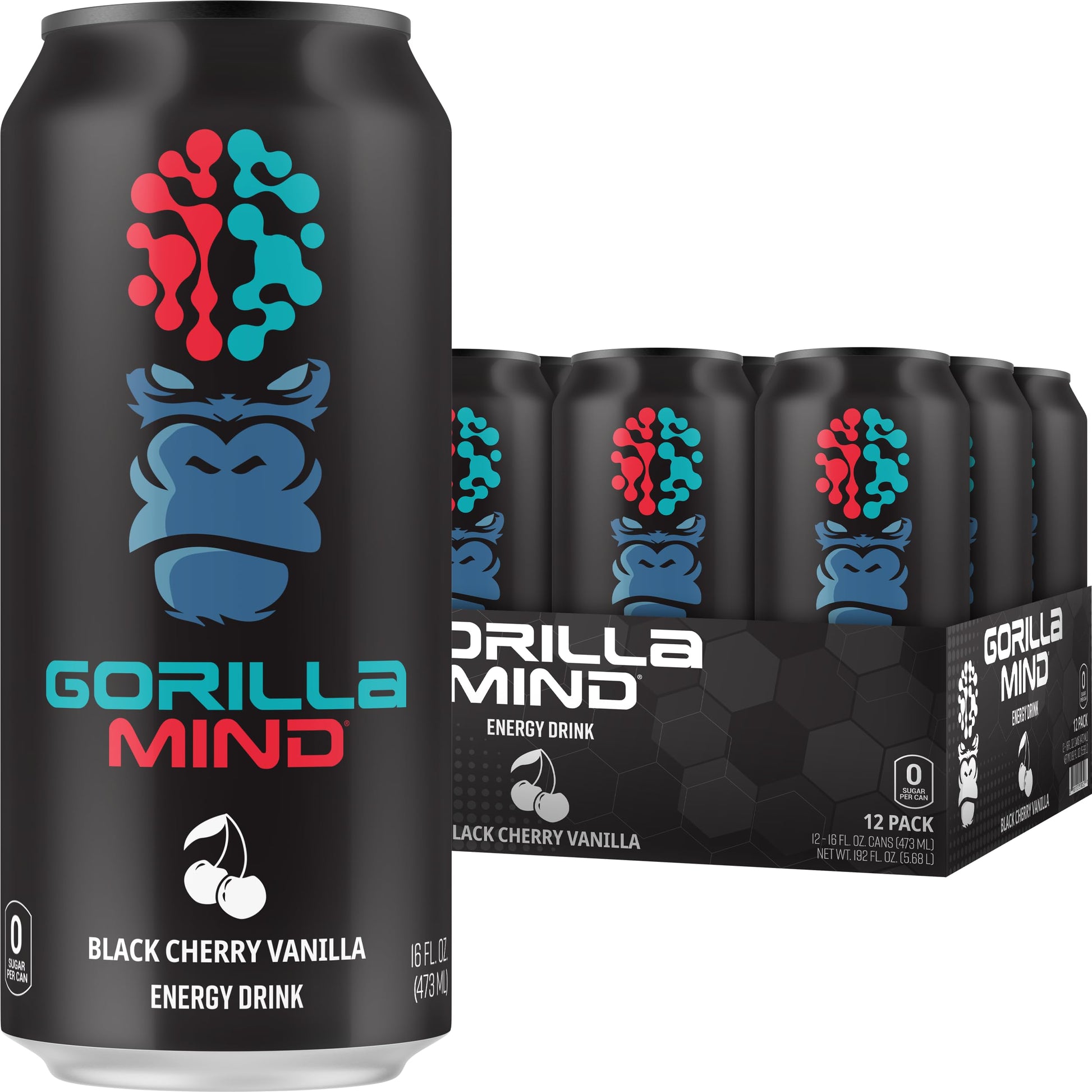 Gorilla Mind Energy Drink | Unmatched Energy  Amplified Focus | N-Acetyl-L-Tyrosine  Alpha-GPC  200mg Caffeine  Uridine  Saffron | 0 Sugar Or Artificial Colors | 16oz  12-Pack (Black Cherry Vanilla)