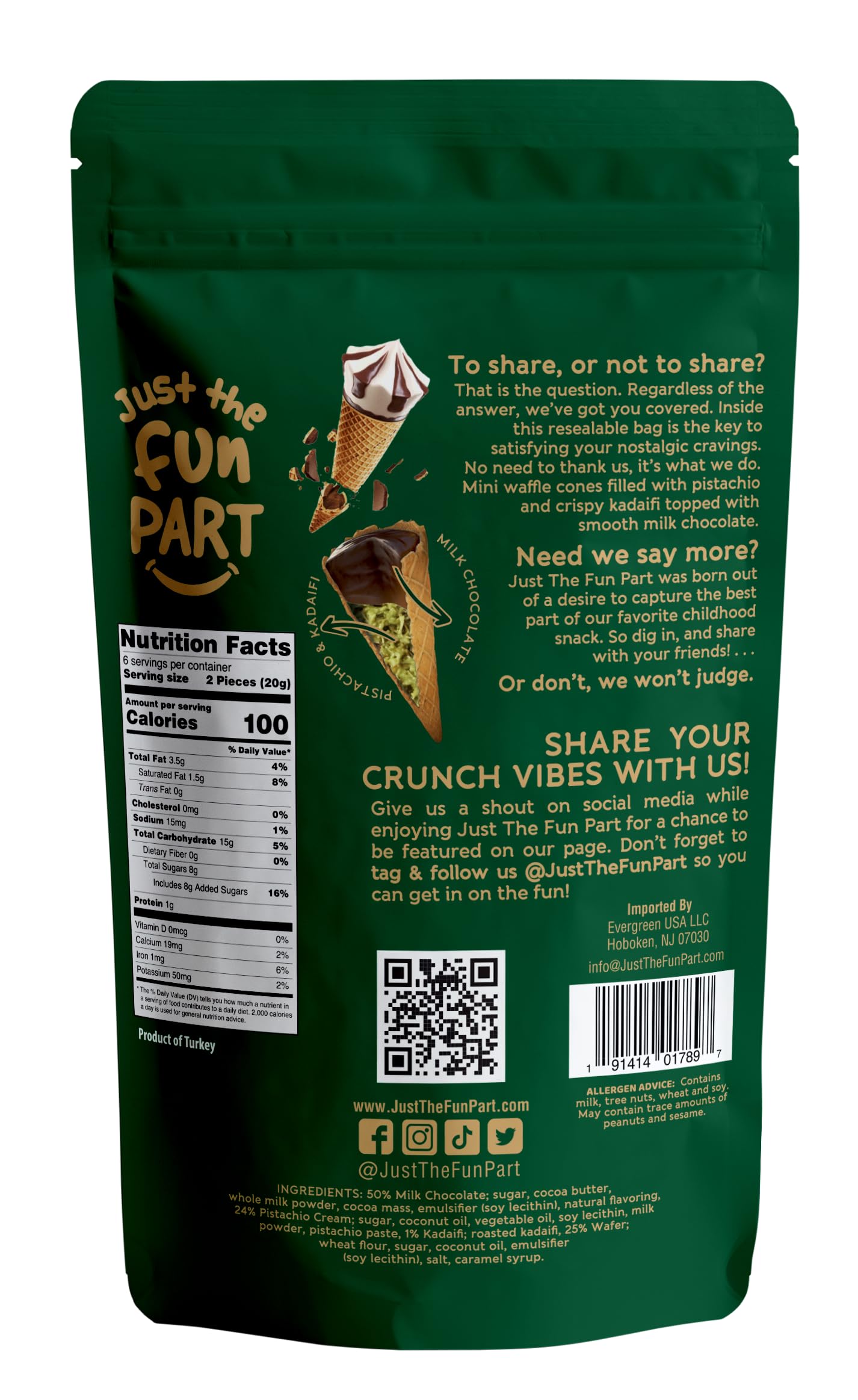 Just The Fun Part | Bite-Size Crispy Mini Waffle Dubai Cones | Filled With enhanced Belgian Milk Chocolate & Pistachio Cream with Crispy Kadaifi| 4.23 Ounce (Pack of 2  Dubai Cones)