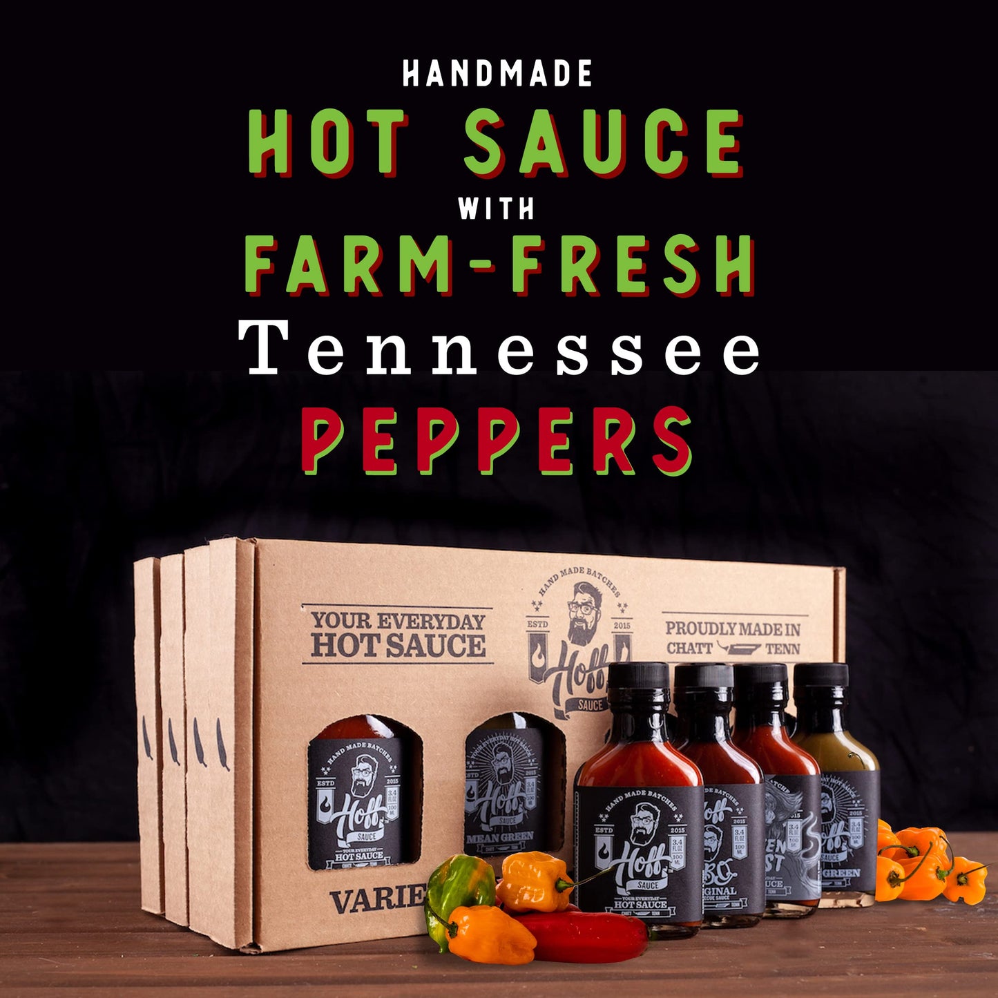Hoff Sauce Hot Sauce Gift Box 4-Pack Mini Hot Sauce Bottles Of Handmade Tennessee Hot Sauces And Bbq Sauce Gift Set For Grilling
