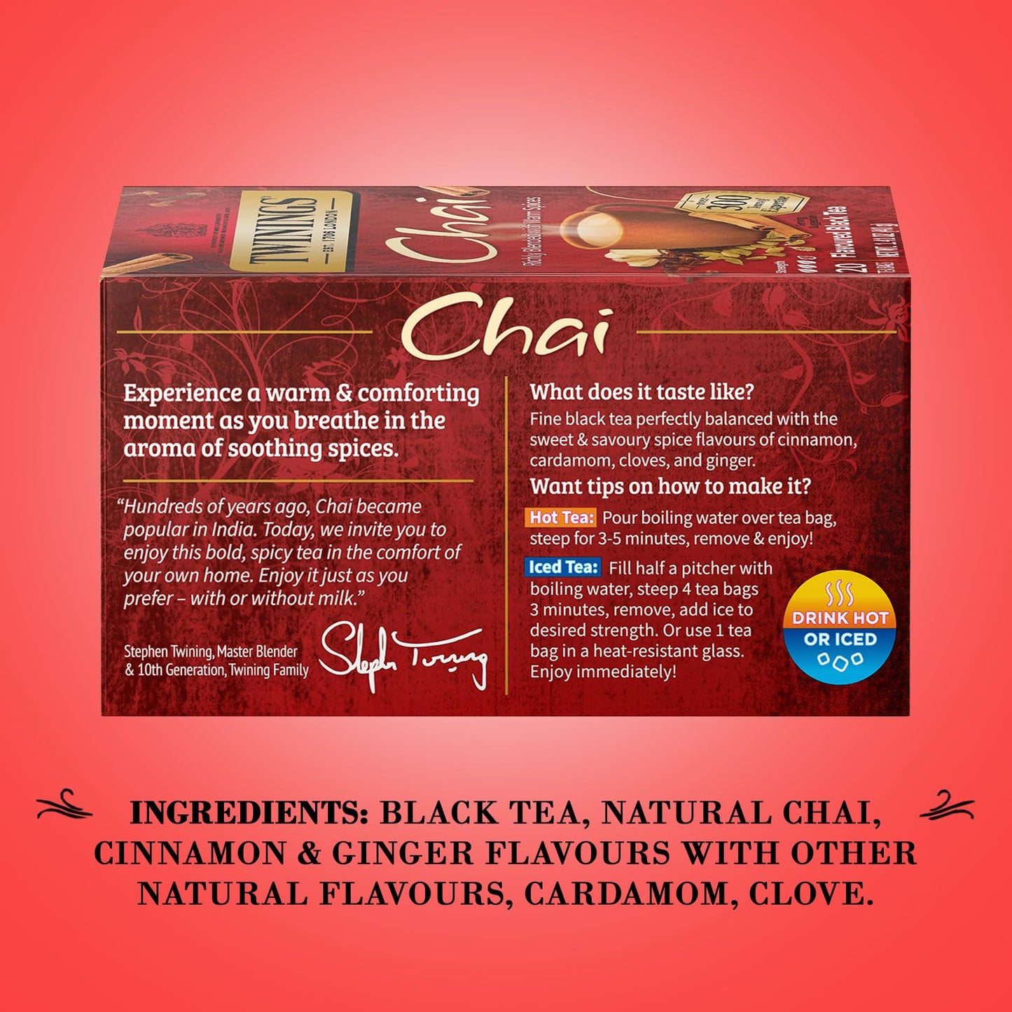 Twinings Chai Tea, Caffeinated Black Tea Naturally Flavored with Aromatic Spices and Ginger, Tea Bags Individually Wrapped, 20 C