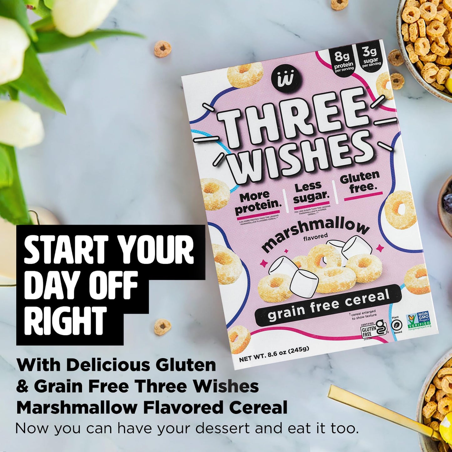 Protein And Gluten Free Breakfast Cereal By Three Wishes (6-Pack) - Marshmallow – 8G Of Protein And 3G Of Sugar Snack - Kosher, Grain-Free, Dairy-Free, Vegan And Peanut-Free - Non-Gmo