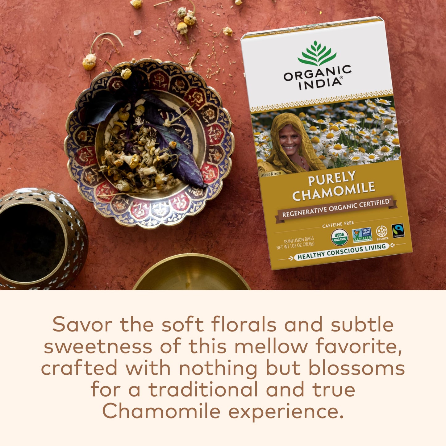 Organic India Chamomile Tea - Caffeine Free Herbal Tea, Calming & Relaxing, 18 Count (Pack of 3)