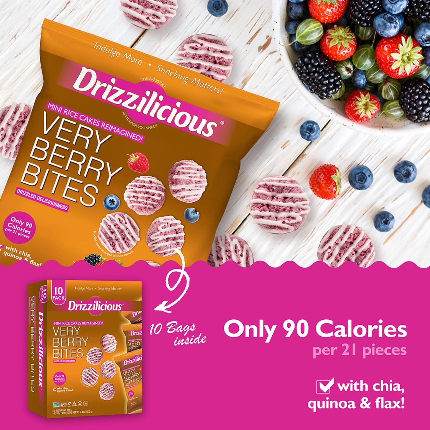 Drizzilicious Mini Rice Cakes Very Berry - Rice Crisps, Healthy Snack For Mature-Themeds And Kids, Flavored Rice Cakes, Vegan, Gluten Free, Allergen Free, Only 90 Calories Per Bag - .74 Oz (Pack Of 10)