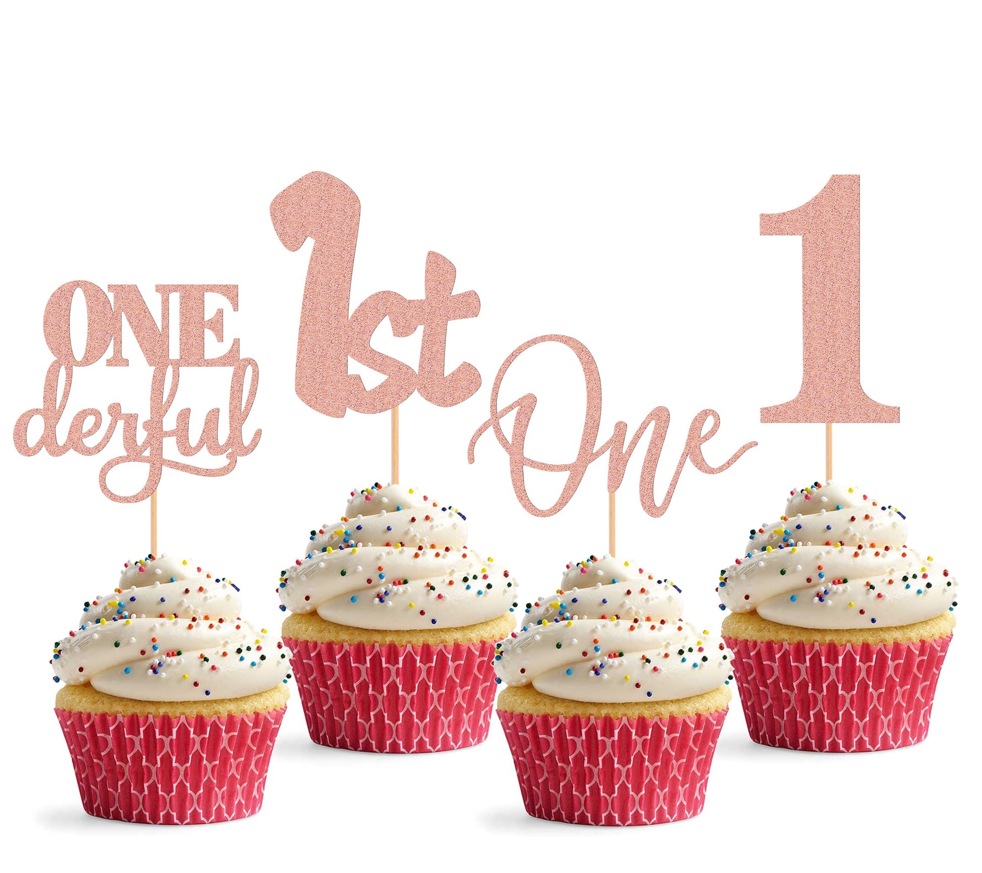 24Pack First Birthday Cupcake Topper - Glitter Pink One Cupcake Picks,1st Birthday Cupcake Decorations Supplies (Pink)