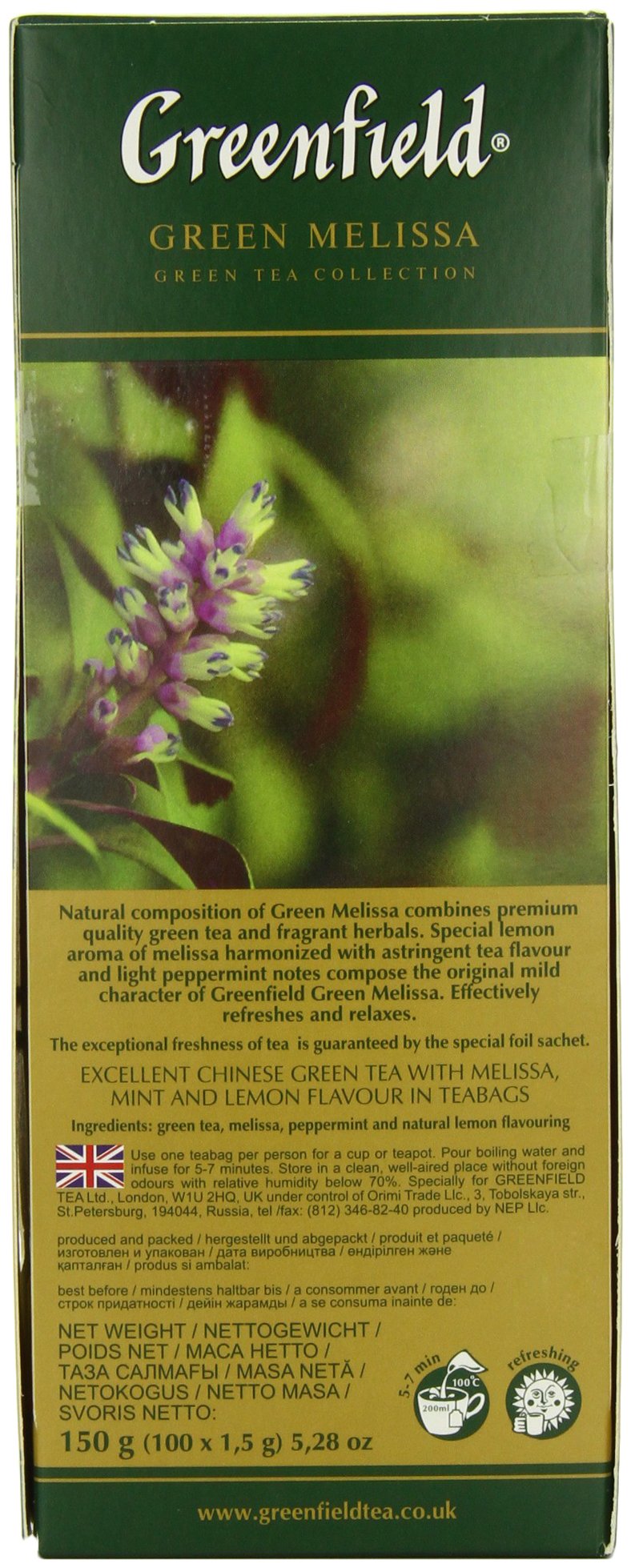 Greenfield Green Melissa Green Tea Collection Finely Selected Speciality Tea 100 Double Chamber Teabags With Tags In Foil Sachets