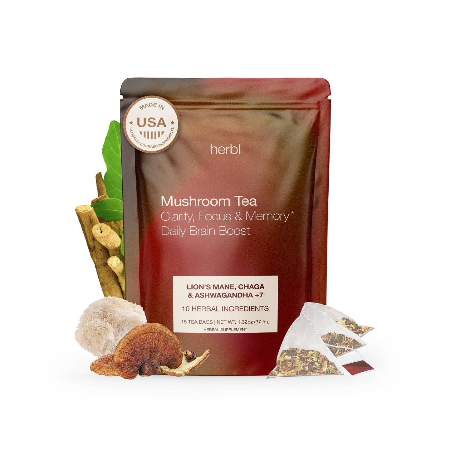 Organic Mushroom Tea with Ashwagandha, Lions Mane & Chaga for Focus, Memory & Mental Clarity - Brain Boost Tea with Ginkgo Bilob