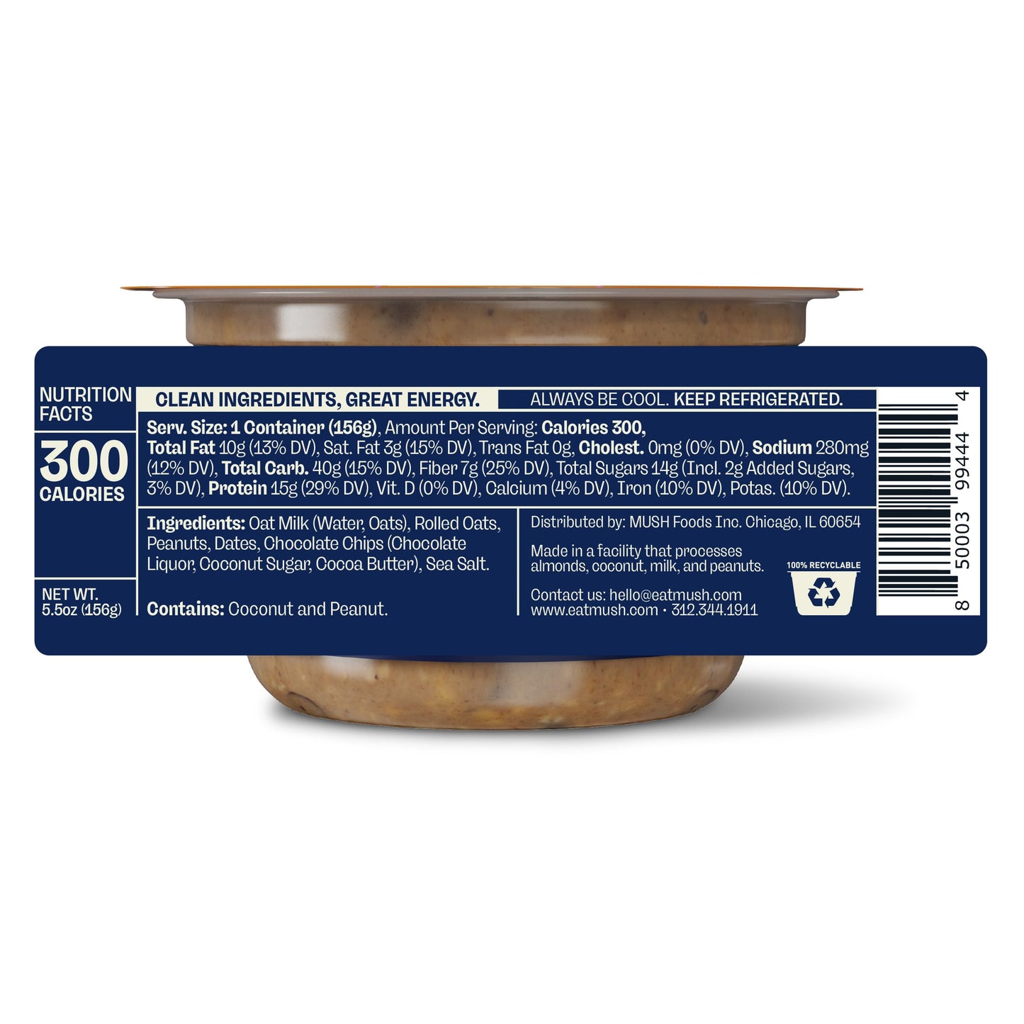 MUSH Overnight Oats - Peanut Butter Chocolate Chip Protein - 15g Protein, Good Source of Fiber, Non-GMO, Dairy Free, Gluten Free