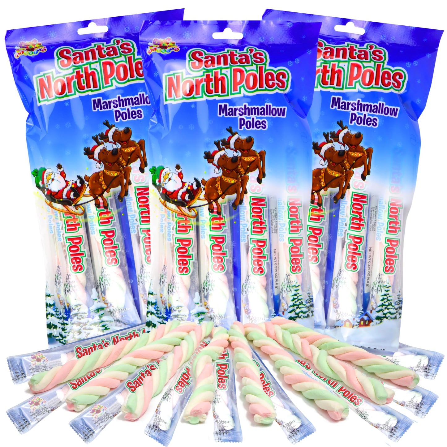 Sweetzo North Pole Marshmallow Poles, Individually Wrapped, Christmas 2024 Stocking Stuffer, Pack of 3, 8 Candies Each