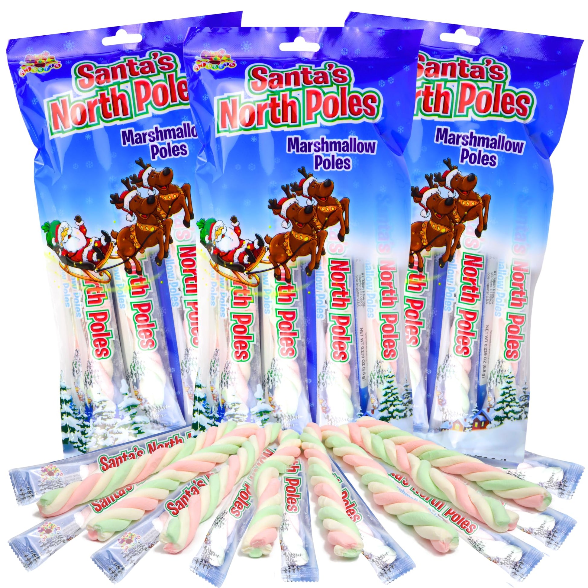 Sweetzo North Pole Marshmallow Poles, Individually Wrapped, Christmas 2024 Stocking Stuffer, Pack of 3, 8 Candies Each