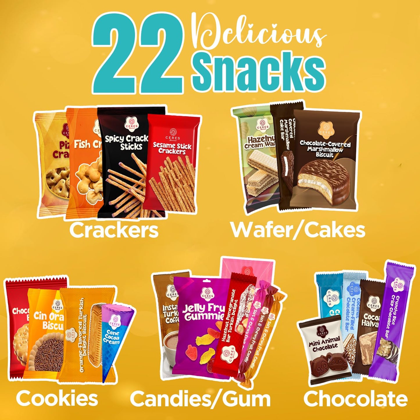 Ceres Gourmet International Exotic Snack Box, 22 Count Premium Variety Pack, Midi Size, Fun Surprise Snacks for All Ages