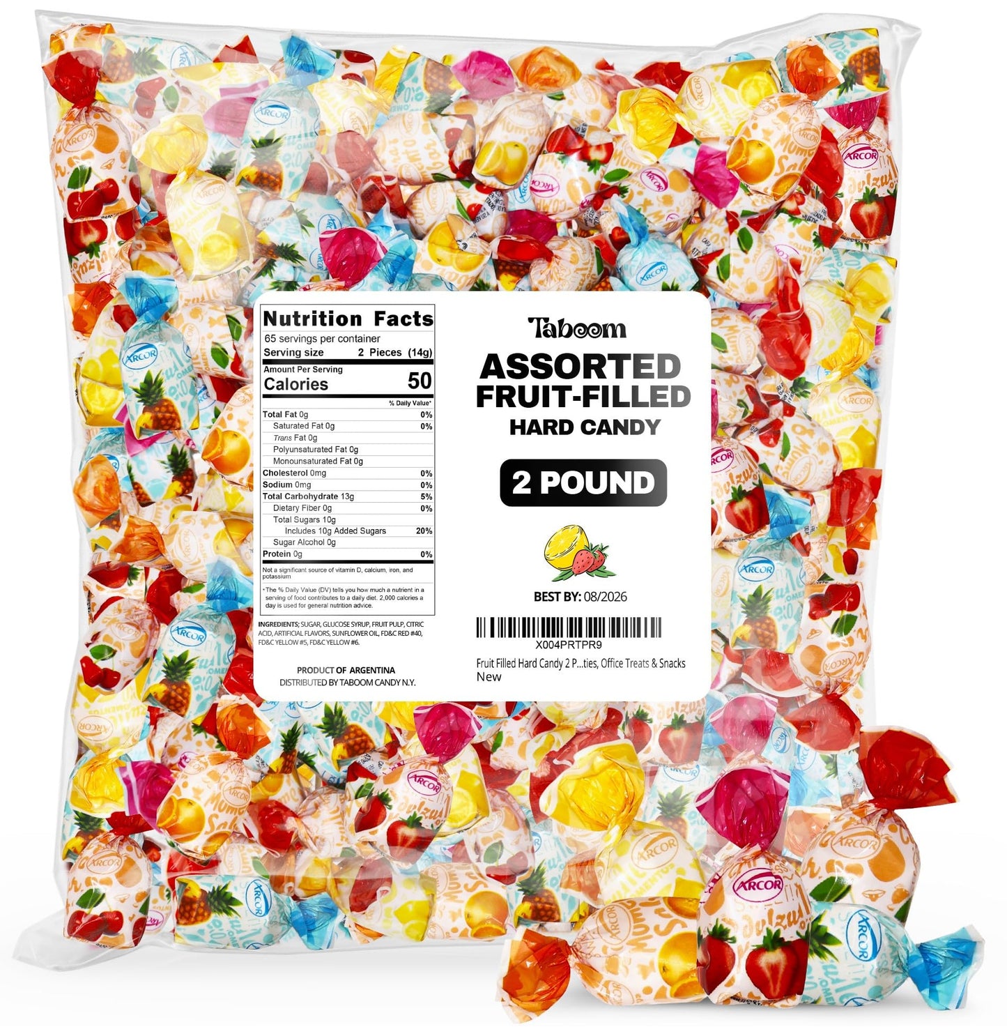 Taboom Bulk Fruit Filled Hard Candy - Assorted Fruity Candies, 2 Pound, Approx 120 Pieces, Individually Wrapped
