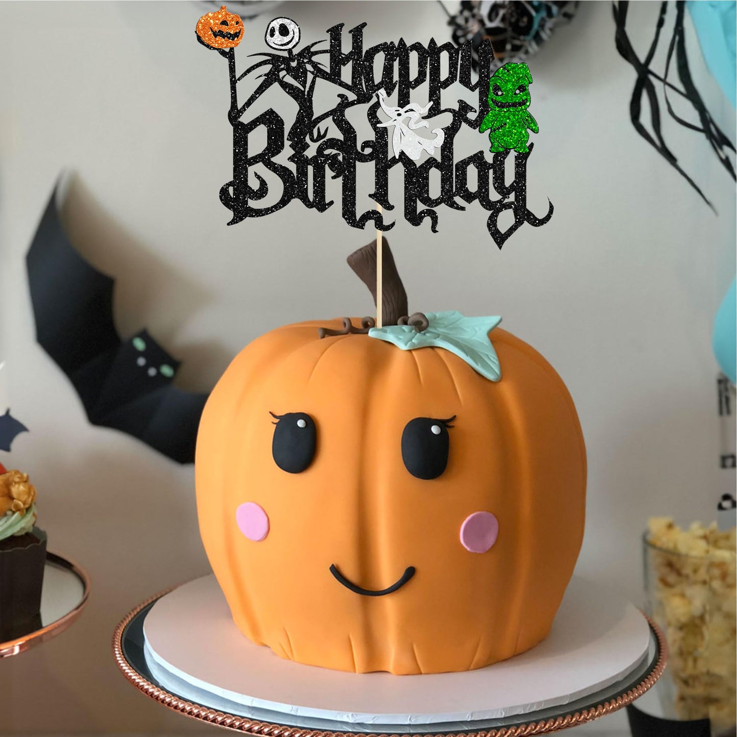 Gyufise 1Pc Halloween Happy Birthday Cake Topper Glitter Jack And Sally Pumpkin Bat Castle Ghost Halloween Cake Pick For Hallowe