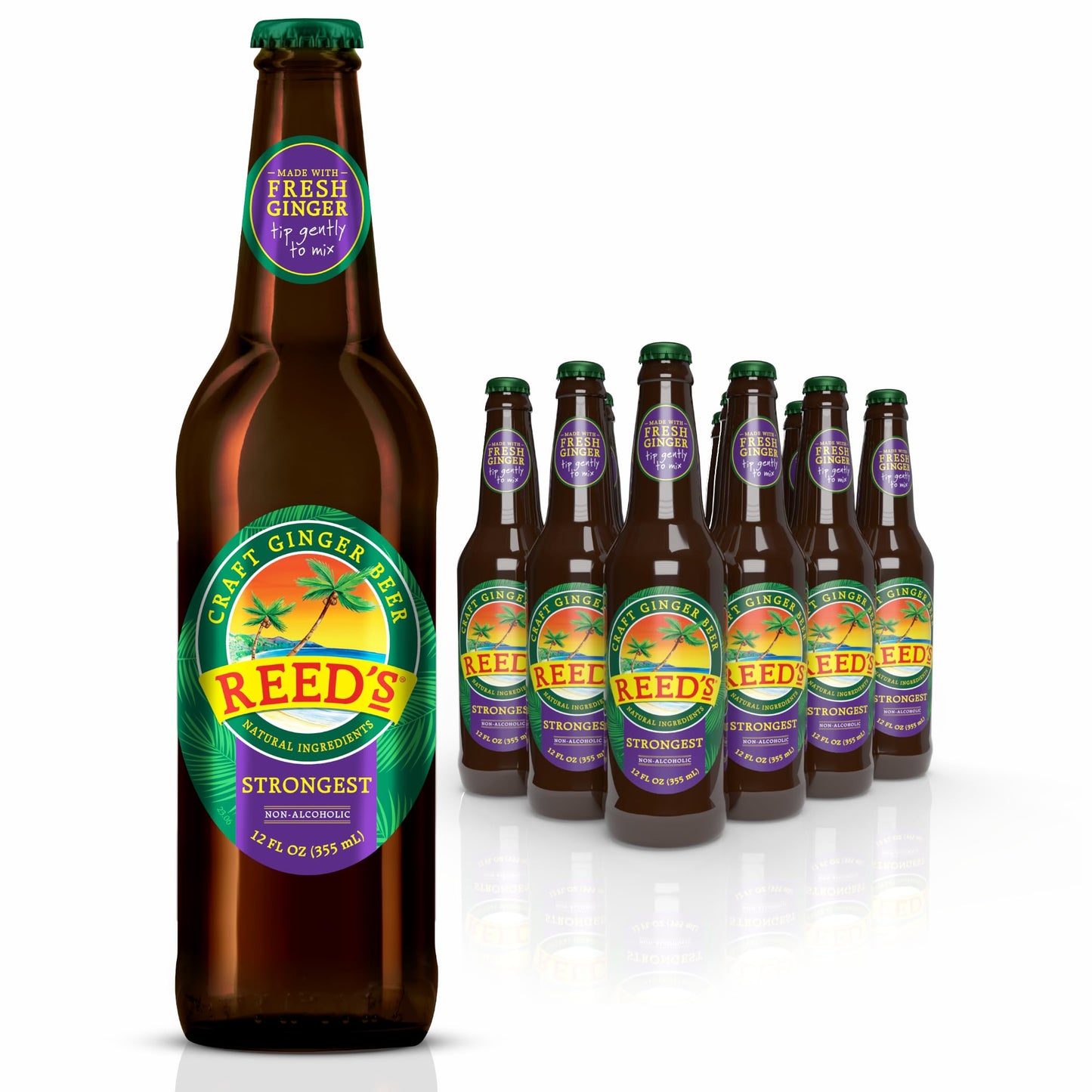 Reeds Strongest Ginger Beer - 12oz Glass Bottles, 12 Pack - Fresh Ginger Root for Intense Spice