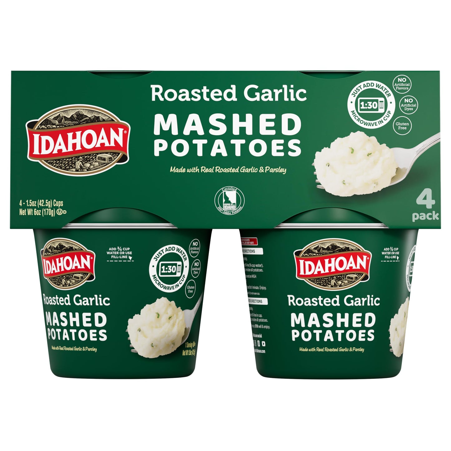 Idahoan Roasted Garlic Mashed Potatoes Cup 4-pack, 6 oz (Pack of 4)