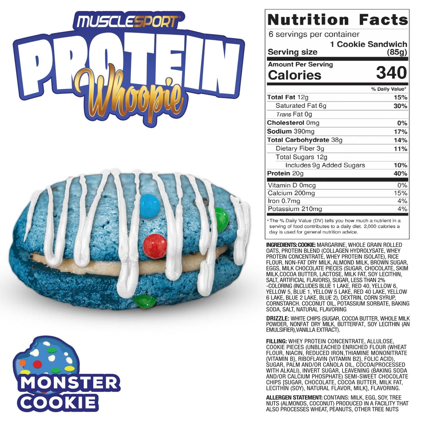 Musclesport Protein Whoopies - High Protein Cookies, Good Source of Fiber, 6 Pack Box, 3 Ounce Each, Blue Monster Cookie