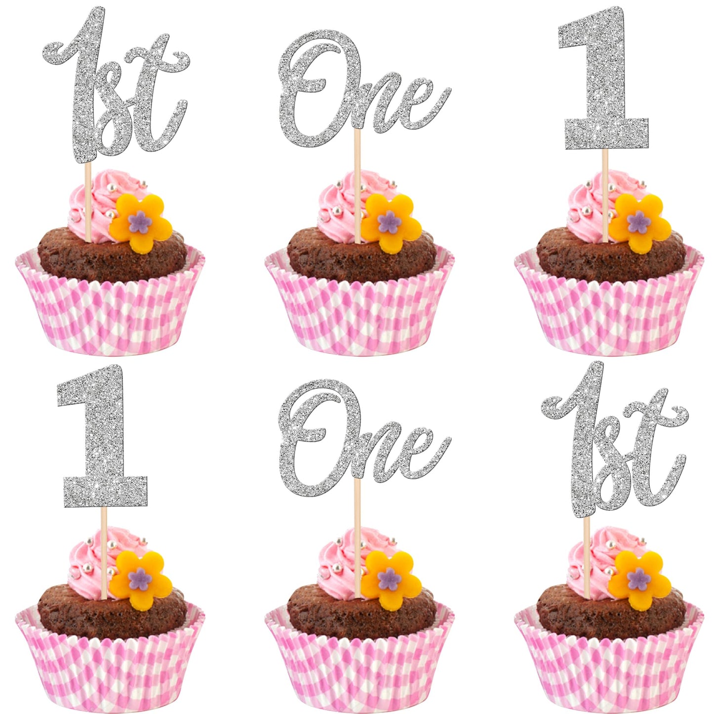 ZHUOWEISM 24 PCS Cupcake Toppers Glitter Number 1 Cake Decorations for 1st Birthday, Baby Shower, Silver, Paper