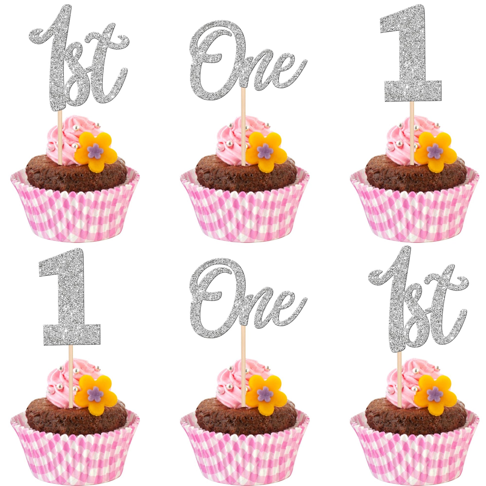 ZHUOWEISM 24 PCS Cupcake Toppers Glitter Number 1 Cake Decorations for 1st Birthday, Baby Shower, Silver, Paper