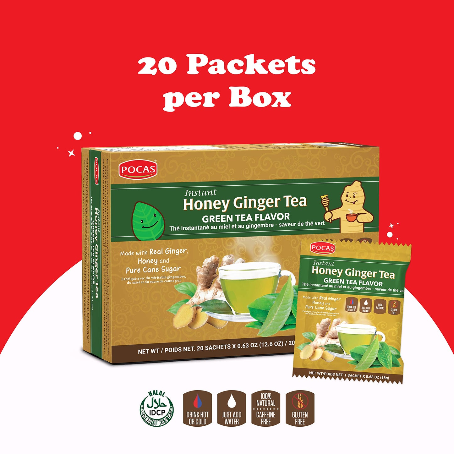 Pocas Honey Ginger Instant Tea Powder, Green Tea Flavor, 20 Count (Pack of 2)