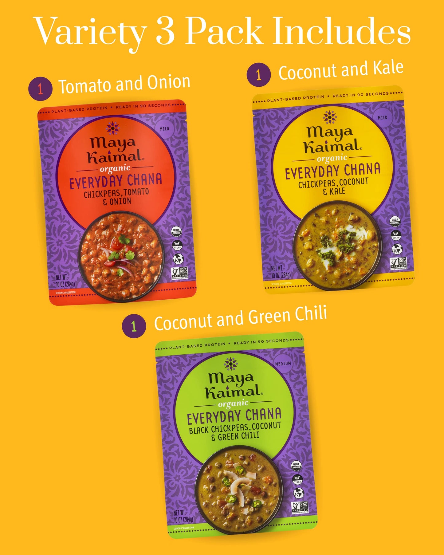 Maya Kaimal Organic Indian Everyday Chana Variety Pack - 10Oz, Pack Of 3-3 Flavors: Tomato & Onion, Coconut & Kale, Coconut & Gr