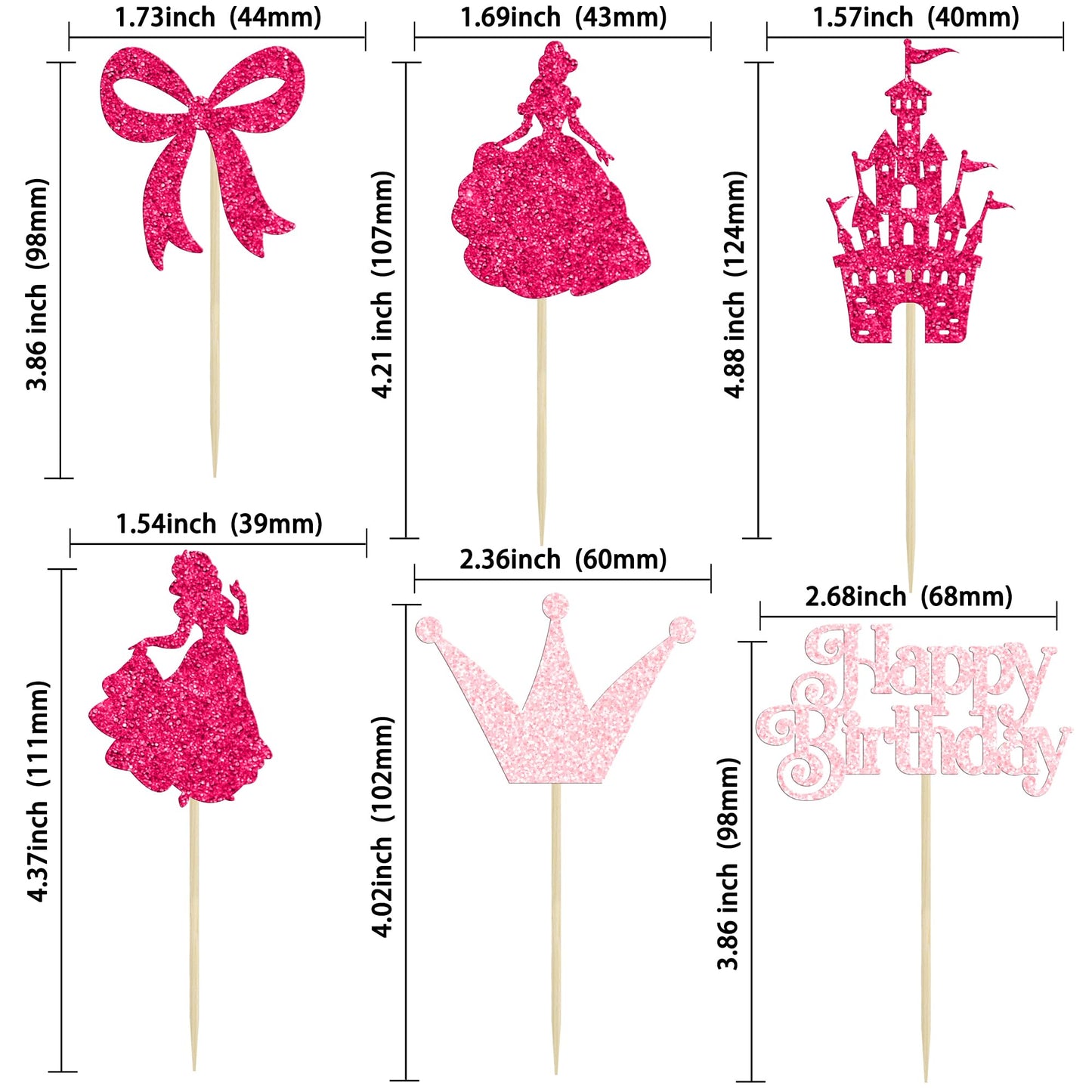 Gyufise 24Pcs Princess Cupcake Toppers Glitter Castle Bowknot Happy Birthday Cake Topper Decorations For Princess Happy Birthday