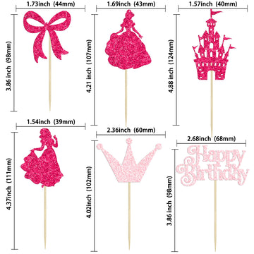 Gyufise 24Pcs Princess Cupcake Toppers Glitter Castle Bowknot Happy Birthday Cake Topper Decorations For Princess Happy Birthday
