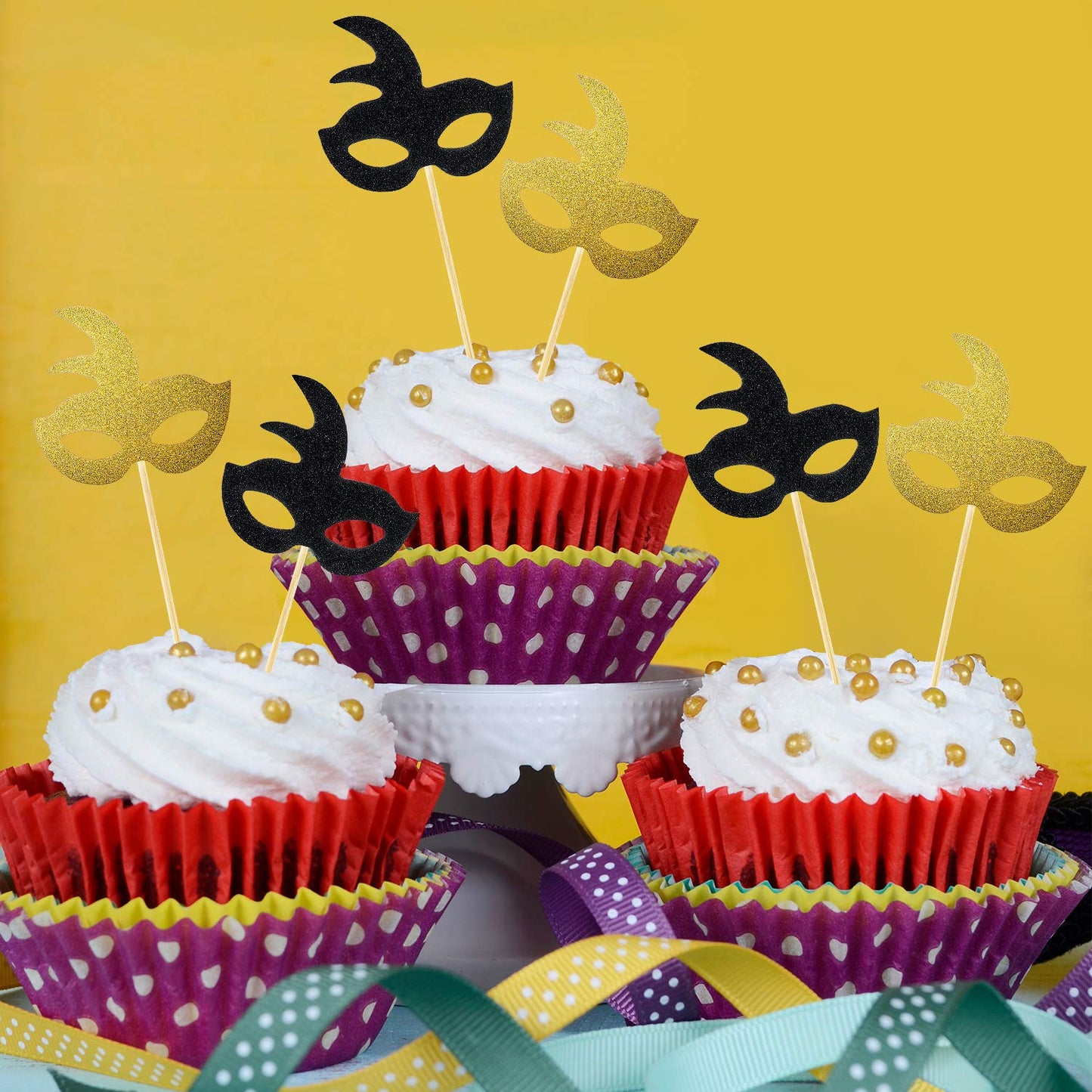 Blulu 48 Pieces Masquerade Mask Cupcake Toppers Black Gold Glitter Bachelorette Party Mask Cupcake Halloween Food Dessert Picks