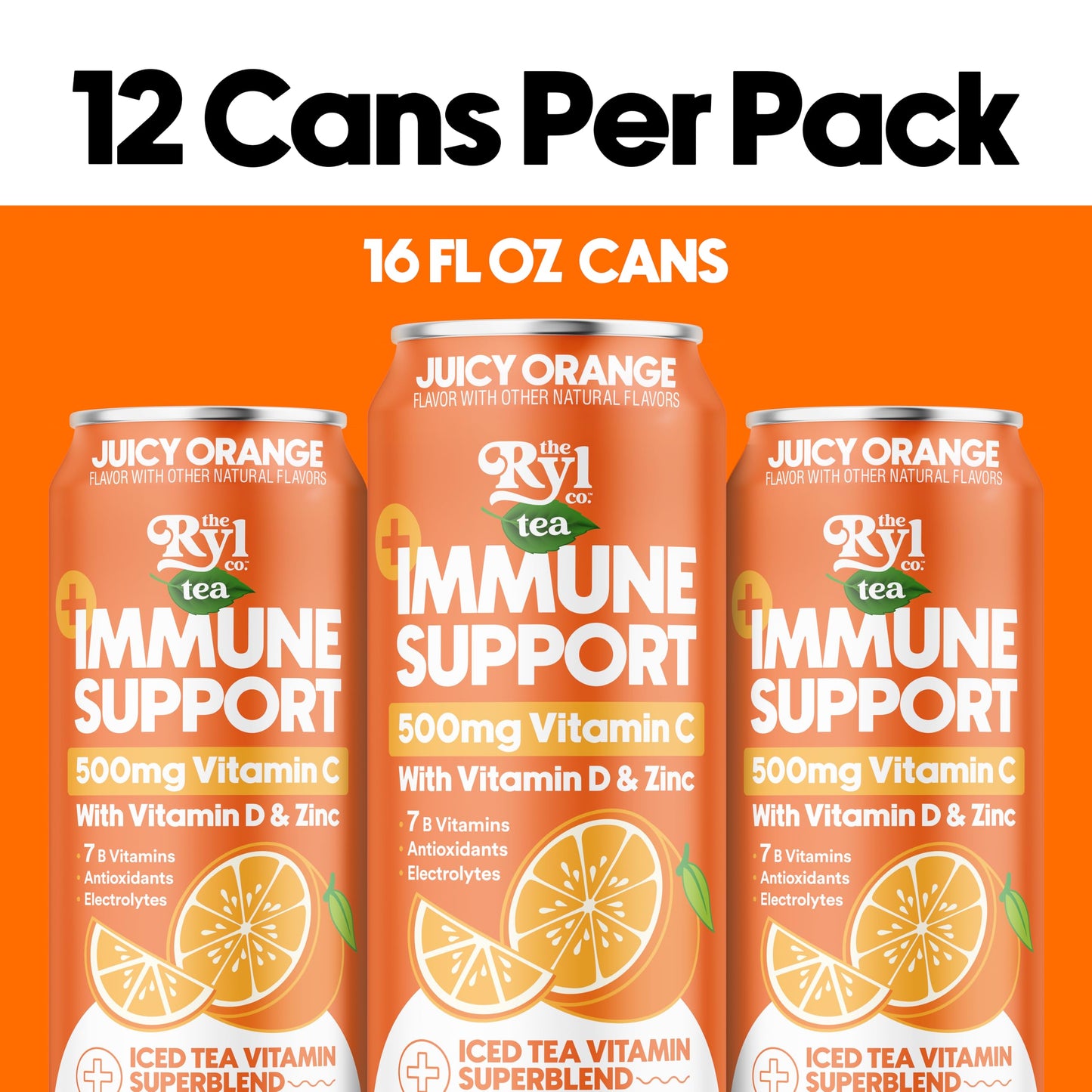 The Ryl Co Ryl Immune Support Iced Tea, Juicy Orange, 500mg Vitamin C, Zero Sugar, 16 Fl Oz (12-Pack)