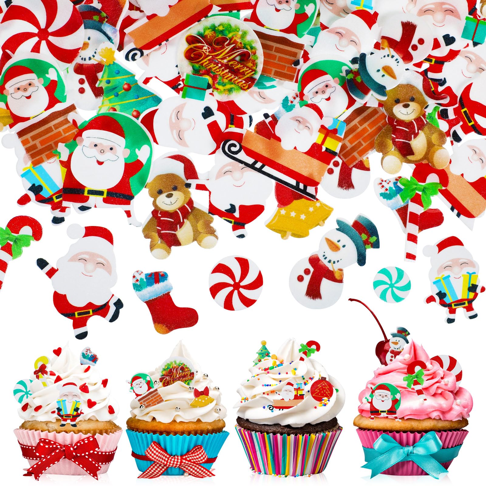 Gersoniel 150 Pieces Edible Christmas Cake Decorations Cupcake Topper Edible Christmas Wafer Stand Up Discs Birthday Cake Cupcak