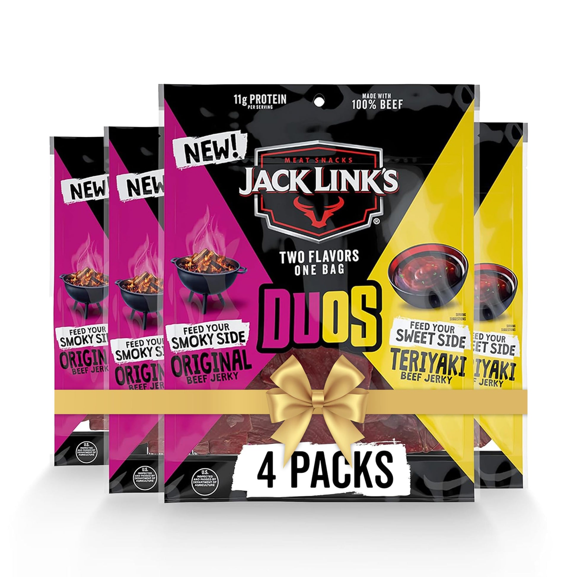 Jack Link s DUOs Original and Teriyaki Beef Jerky  Shareable Under 100 Calories Snack Packs with 11g of Protein  Great Stocking Stuffers  Bulk Pack of Individual Bags of Meat Snacks - 3.25oz (4 Count)