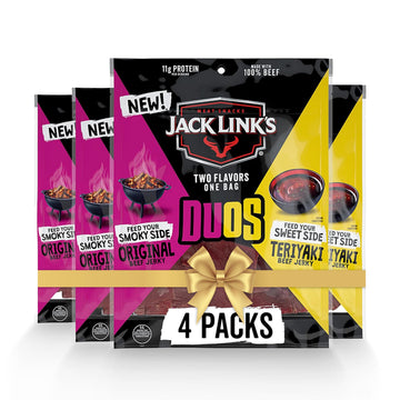 Jack Link s DUOs Original and Teriyaki Beef Jerky  Shareable Under 100 Calories Snack Packs with 11g of Protein  Great Stocking Stuffers  Bulk Pack of Individual Bags of Meat Snacks - 3.25oz (4 Count)