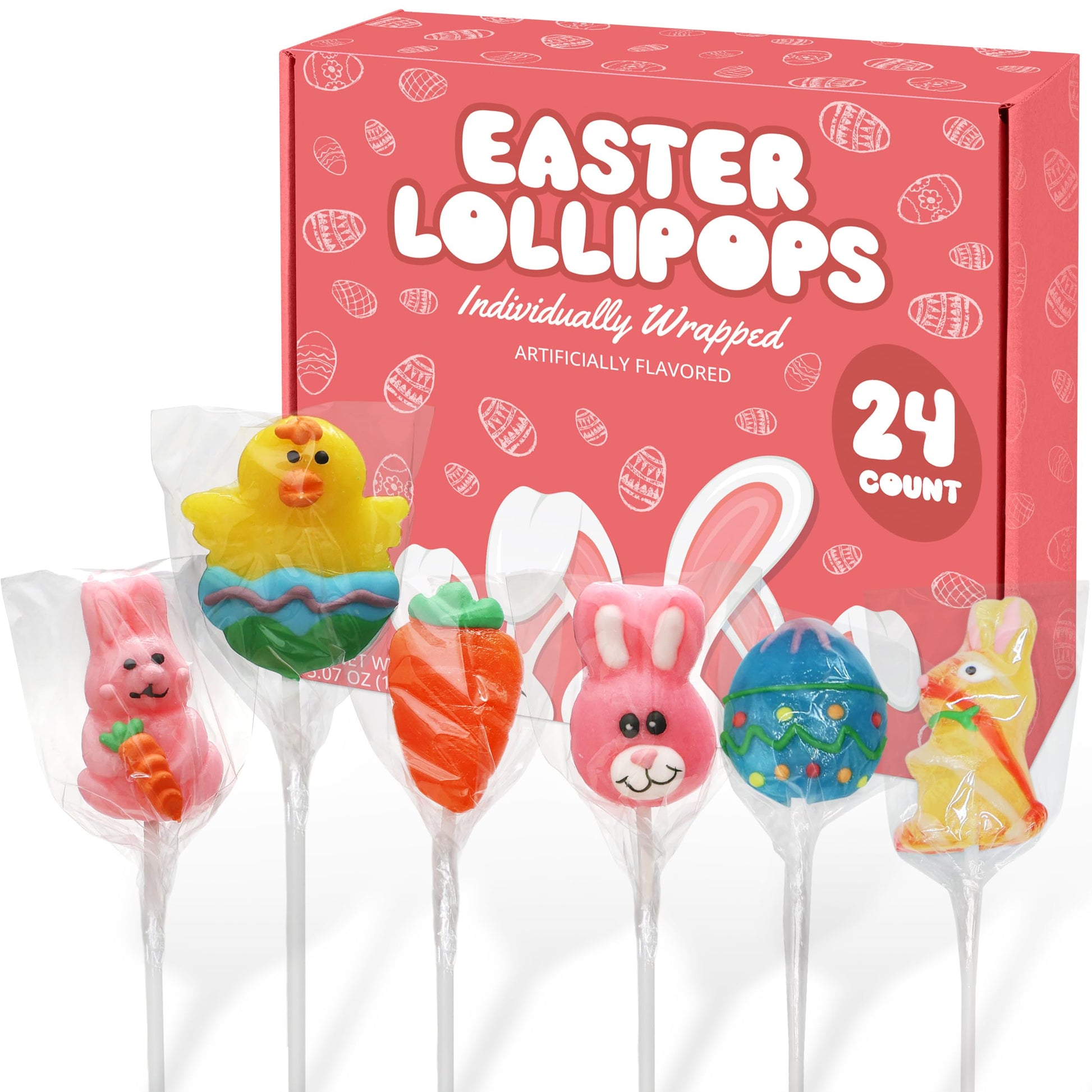Easter Lollipops Candy Variety Pack - 24 individually wrapped Assorted Colorful Shapes With Bunny, Egg, Carrot Easter Suckers Fo