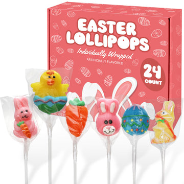 Easter Lollipops Candy Variety Pack - 24 individually wrapped Assorted Colorful Shapes With Bunny, Egg, Carrot Easter Suckers Fo