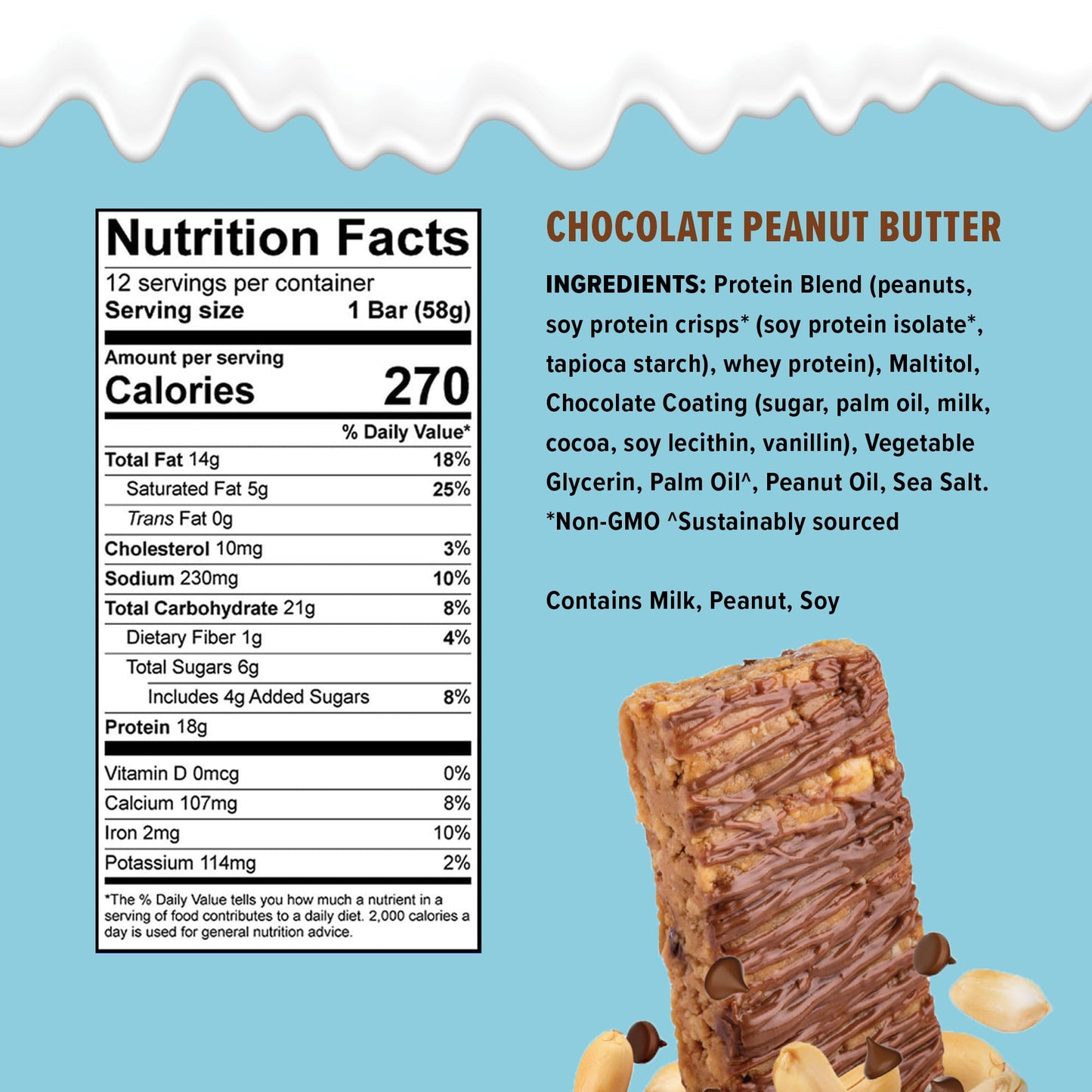 Jimmybar! Chocolate Peanut Butter Protein Bars 18G Protein Bar, 6G Low Sugar - 12 Count - 58G Health Bars - Functional Snack With Real Peanuts & Hand-Drizzled Chocolate