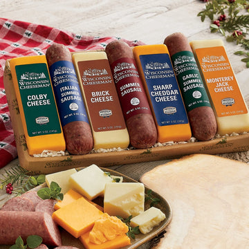 Wisconsin Cheeseman Meat and Cheese Combo Gift Basket - 7 Piece Set with Summer Sausages, Cheddar, and Charcuterie Boards
