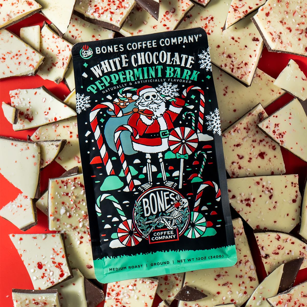 Bones Coffee Company White Chocolate Peppermint Bark Flavored Coffee, Medium Roast Low Acid Arabica Beans Compatible with Auto d