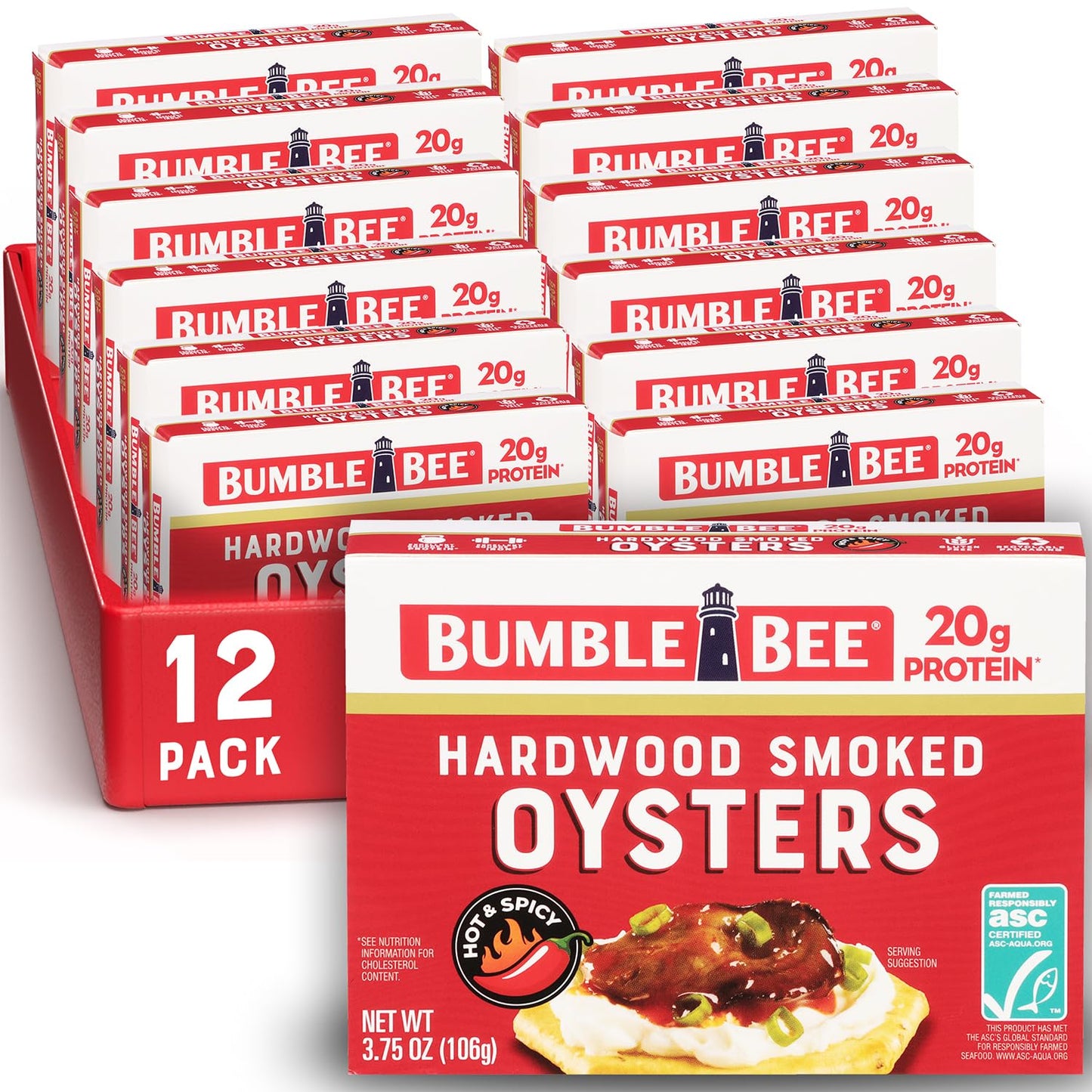 Bumble Bee Hot & Spicy Smoked Oysters, 3.75 oz Tin, Pack of 12, Gluten Free, 20g Protein per Serving