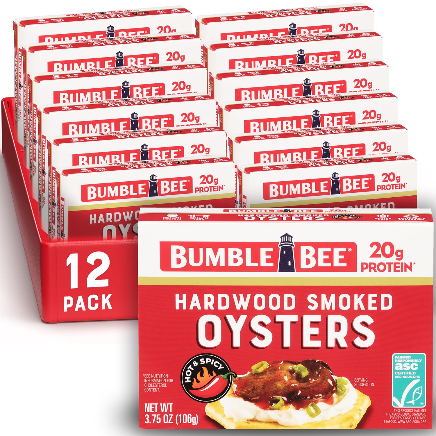 Bumble Bee Hot & Spicy Smoked Oysters, 3.75 oz Tin, Pack of 12, Gluten Free, 20g Protein per Serving
