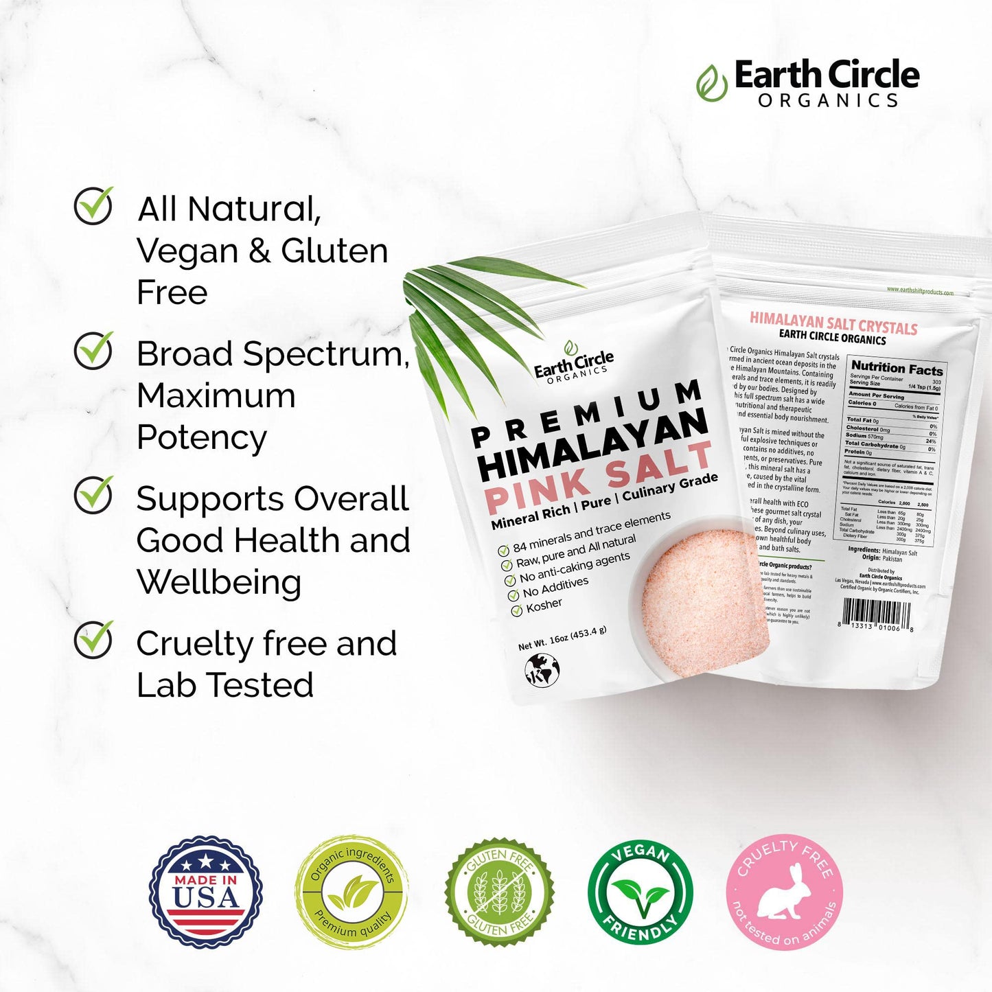 Earth Circle Organics Himalayan Pink Fine Grain Salt - Pure Culinary Grade, Raw, Kosher - 6 Pounds (1 Pound Pack of 6)