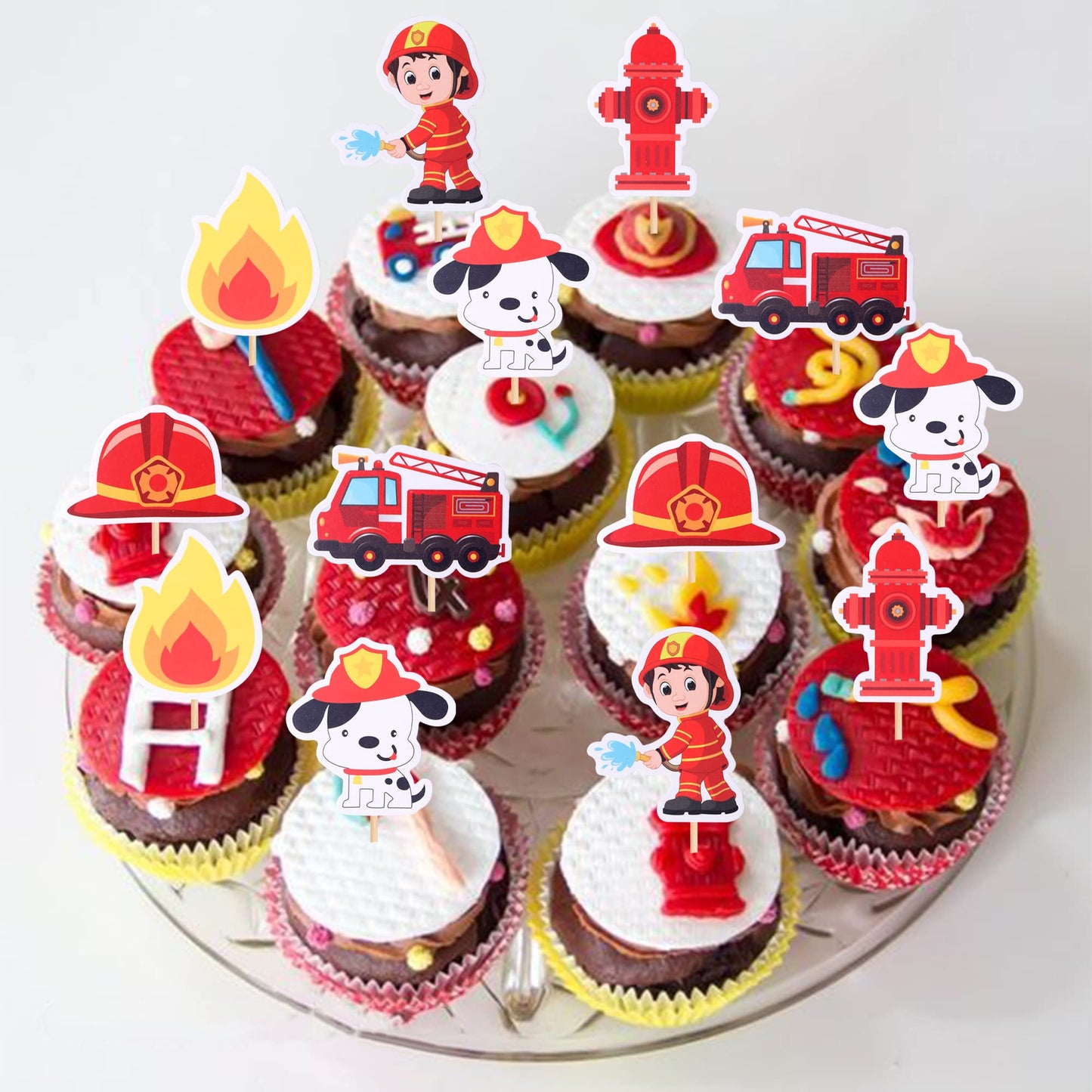 ZHUOWEISM Fire Truck Cupcake Toppers, 30 PCS, Bamboo, Design 3, Small, Fire Department Theme, Baby Shower Birthday Party Decorations