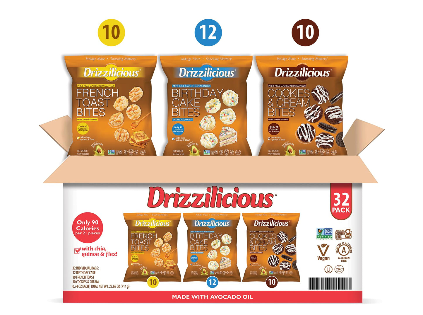 Drizzilicious Mini Rice Cakes Variety Pack - Rice Crisps  Healthy Snack for mature-themeds and Kids  Flavored Rice Cakes  Vegan  Gluten Free  Allergen Free  Only 90 Calories Per Bag - .74 oz (Pack of 32)