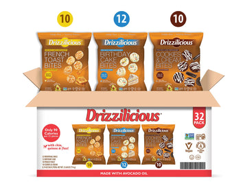 Drizzilicious Mini Rice Cakes Variety Pack - Rice Crisps  Healthy Snack for mature-themeds and Kids  Flavored Rice Cakes  Vegan  Gluten Free  Allergen Free  Only 90 Calories Per Bag - .74 oz (Pack of 32)