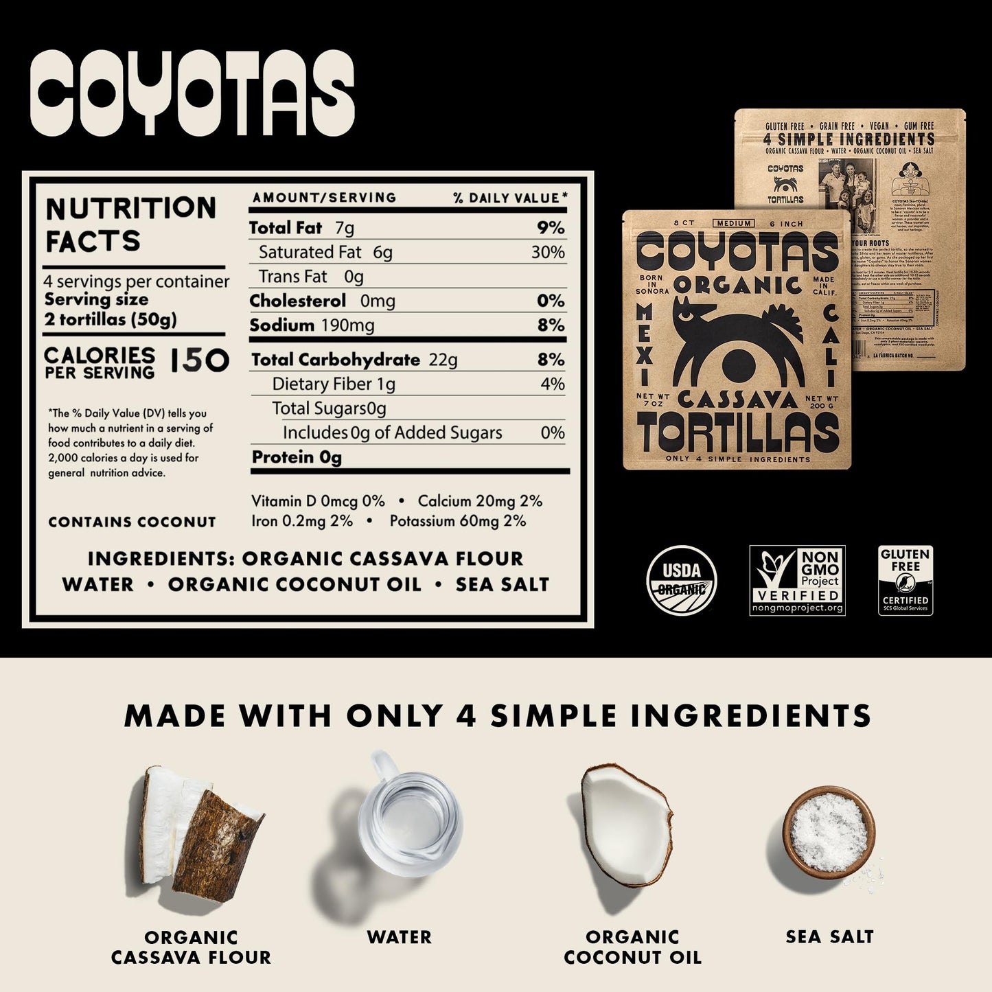 Coyotas Organic Cassava Tortillas - Grain-Free, Gluten-Free, Vegan, Paleo, Medium 6 Inch, 24 Tortillas Total (3 Packs)